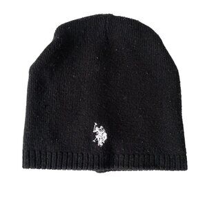 U.S. Polo Assn. Black Knit Beanie Hat With White Logo Embroidery One Size Ribbed
